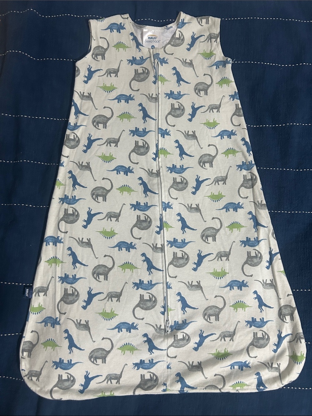 Halo Baby Sleep Sack in White with Blue, Gray & Green Dinosaur Print
